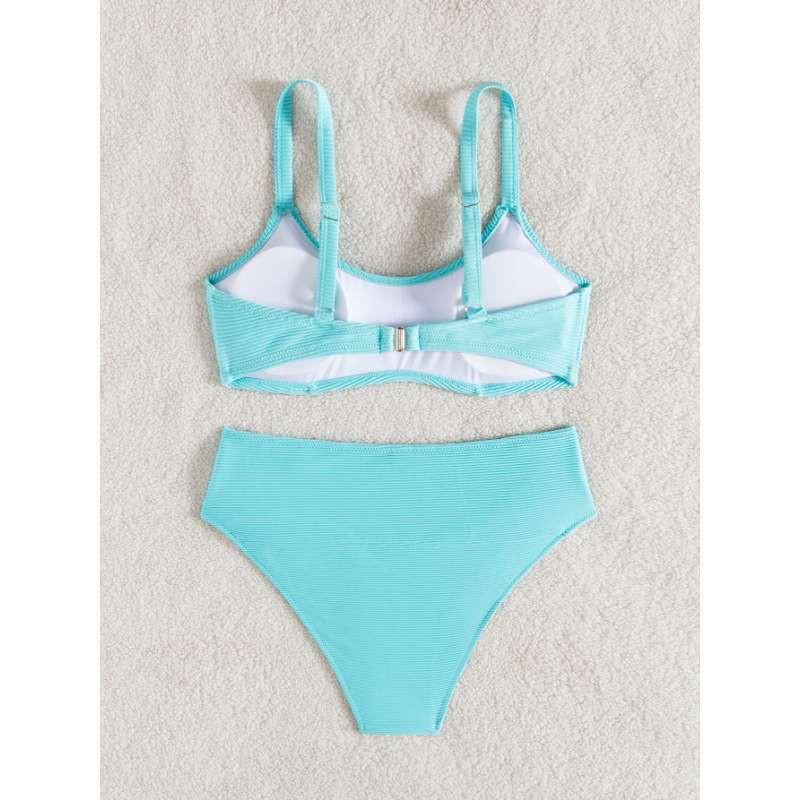 Womens High-Waisted Solid Color Bikini Set Slimming Beach Swimwear With Padded Cups No Underwire
