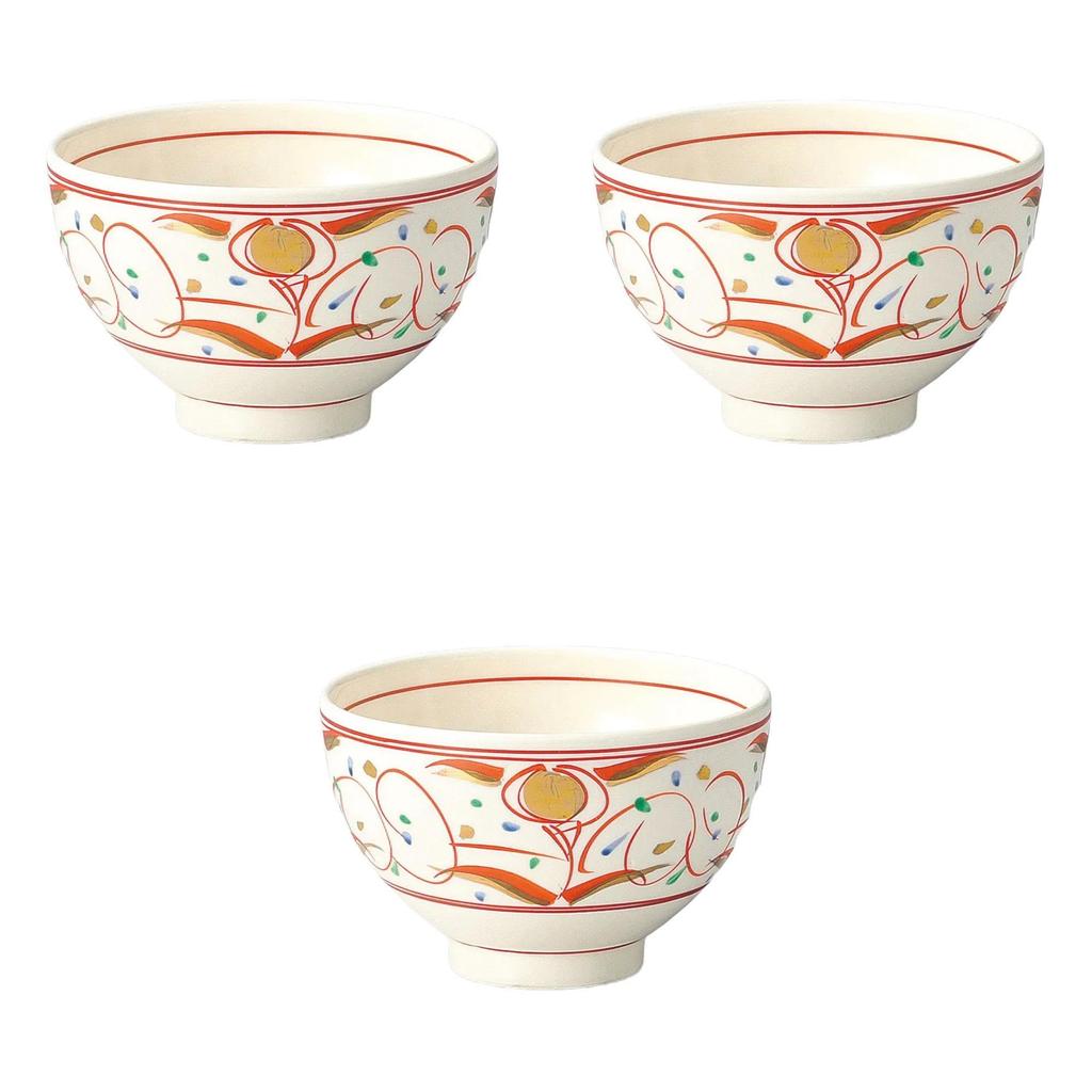Set of 3 Bowls x Reinforced Setomonohonpo Red-Eka-Hanamon 4.0 [12.4 7.7 cm] Multi-Purpose Bowls, Porcelain,