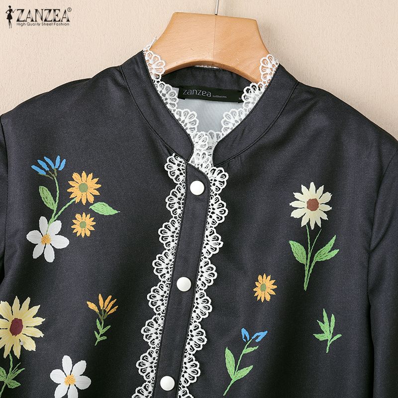 ZANZEA Women Casual Stand Collar Loose Long Sleeve Floral Blouse