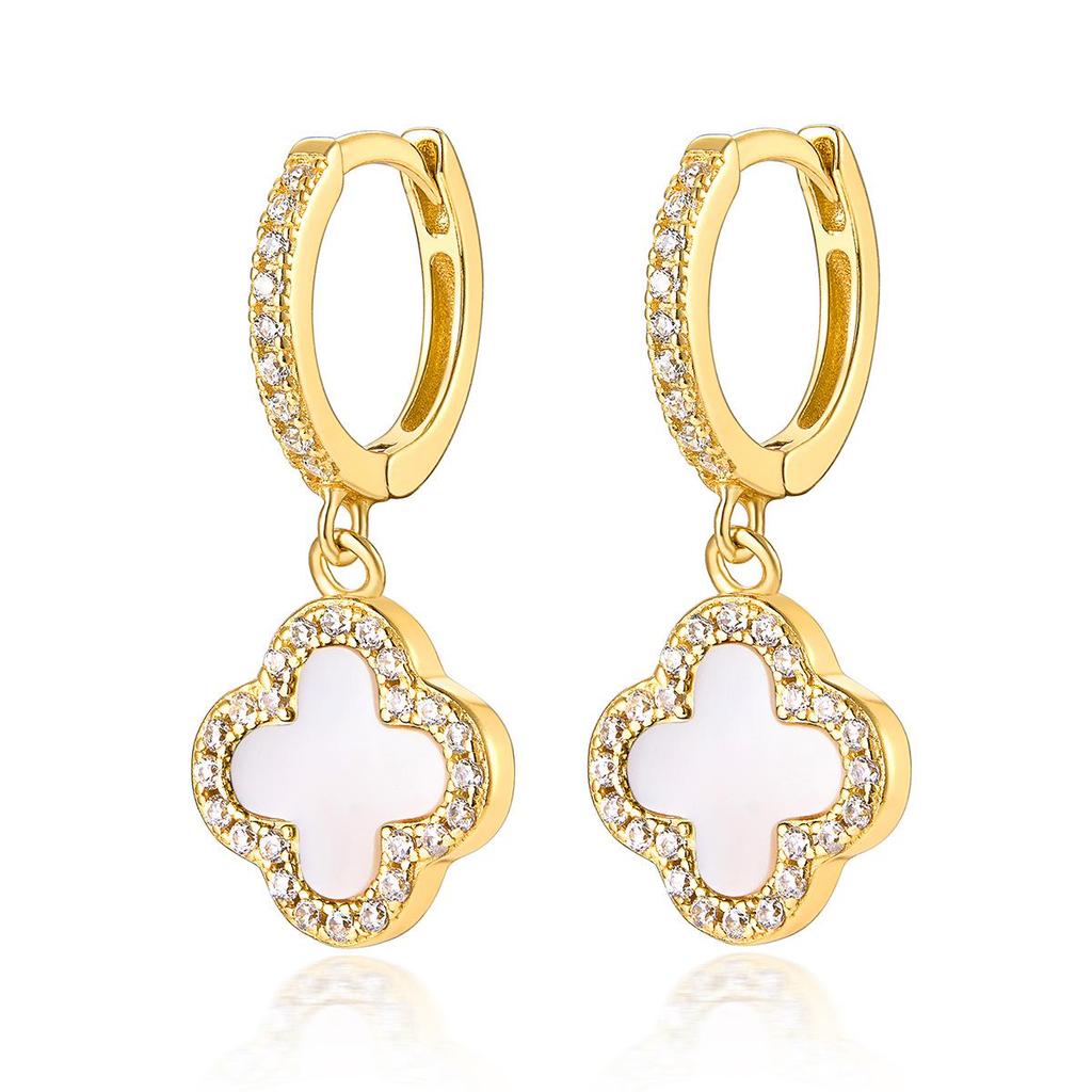 S925 Sterling Silver Four-Leaf Clover Earrings with Zircon, Black Agate, and White Mother-of-Pearl for a Luxurious High-End Look.