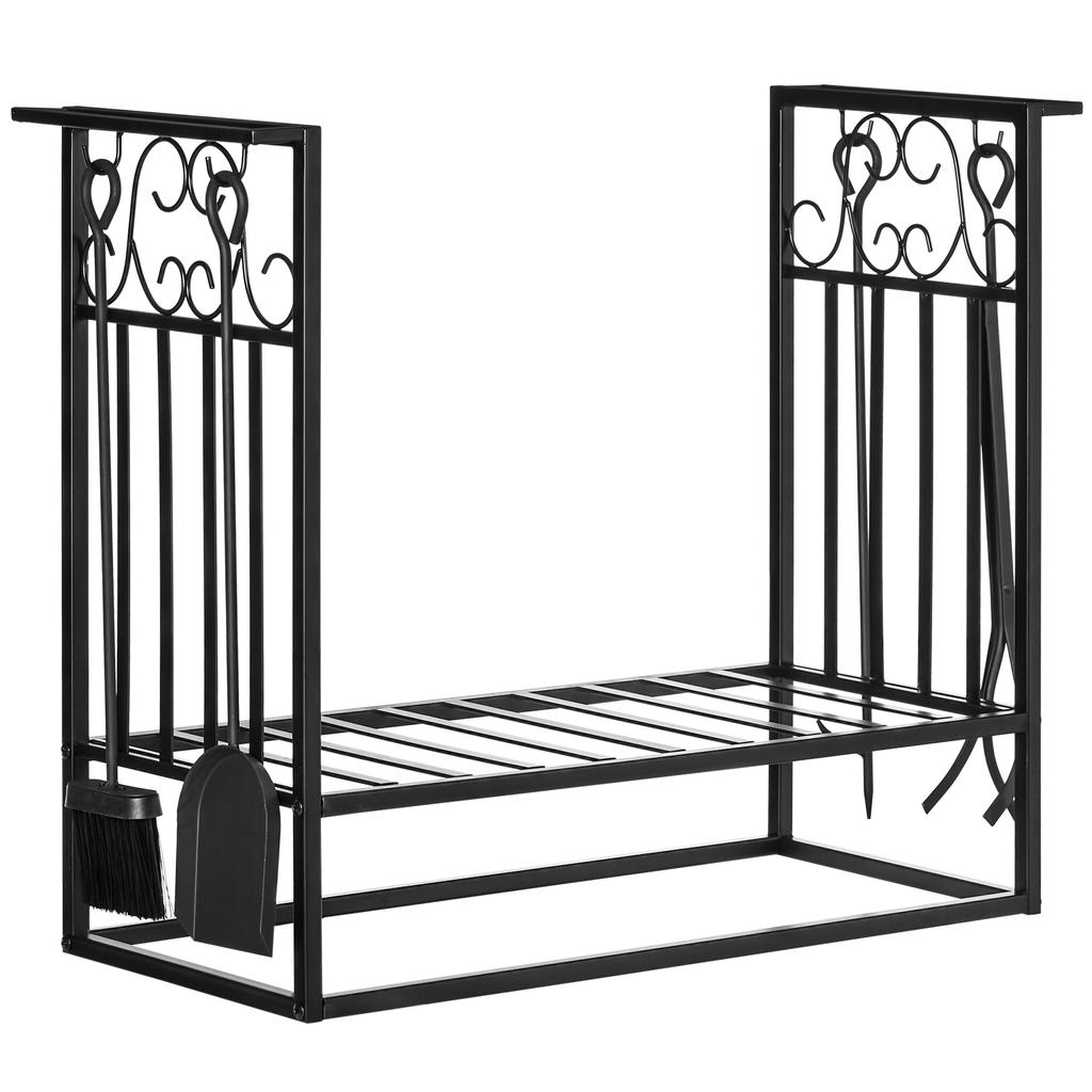 Fireplace Log Rack Tool Set, Multi-Accessory, 75 x 30 x 60 cm, Black Steel