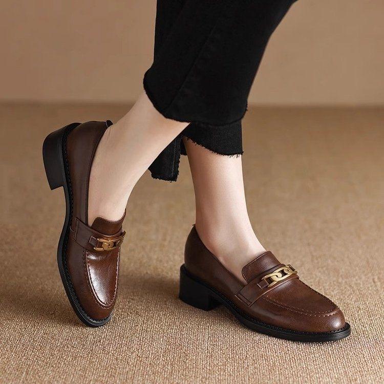 2025 Women's Plus Size Brown Leather Loafers: Spring/Autumn, Round Toe, Chunky Medium Heel, British Style