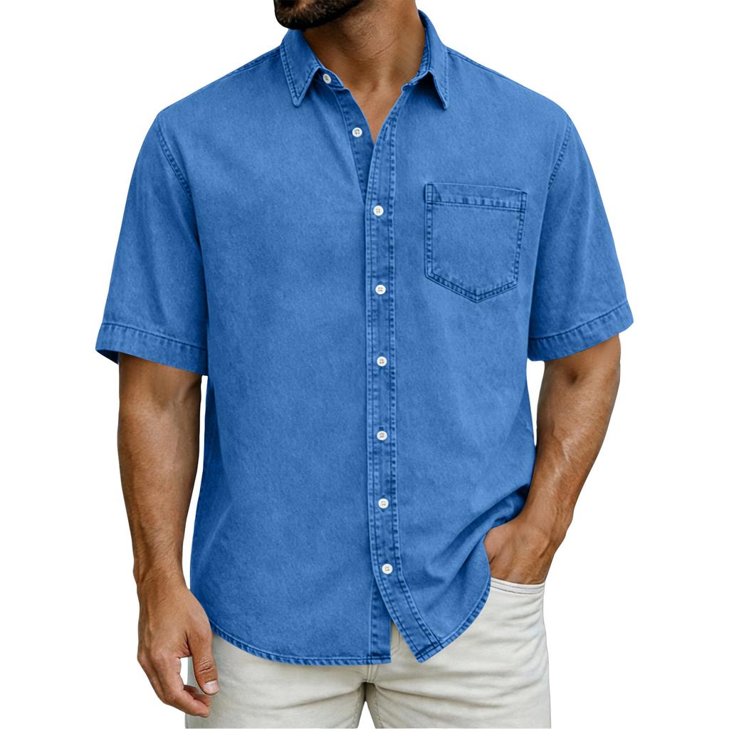 Men's Casual Loose Button-Down Collar Short-Sleeve Denim Shirt