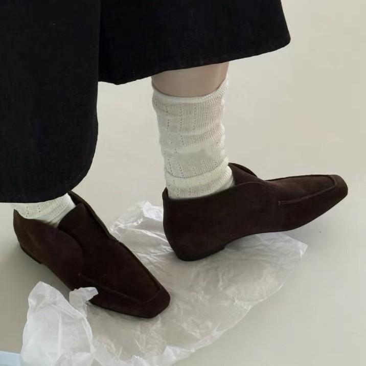 Sheepskin version~ retro niche suede square head deep mouth one-pedal loafers women's 2025 autumn and winter new single shoes