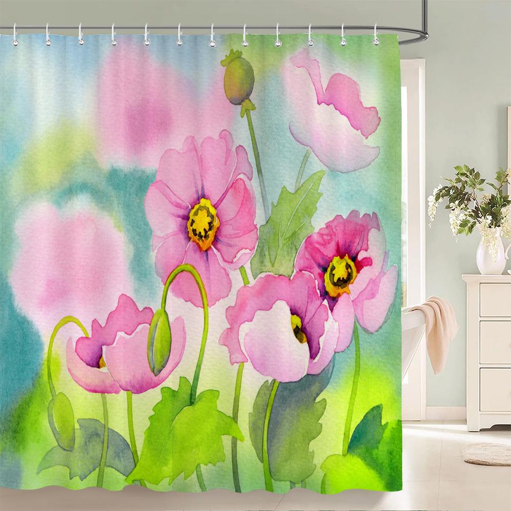 Colorful Tulip Pattern Bath Curtain Waterproof Fabric Shower Curtains Flowers Bathtub Screen With Hooks for Bathroom Home Decor