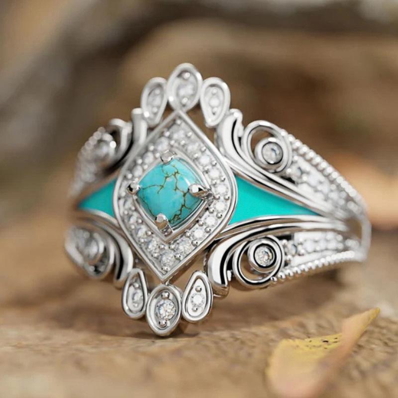 Fashion Silver Color Imitation Turquoise Rings For Women Girl Statement Blue Enamel CZ Rings Wedding Engagement  Gifts