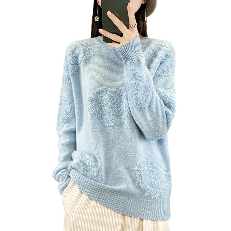 Women's Loose Wool Knit Sweater - 2024 Autumn/Winter, Half High Collar, Towel Sleeve