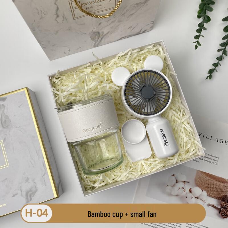 Cooling Gift Set: Bamboo Glass Cup & Mini Fan