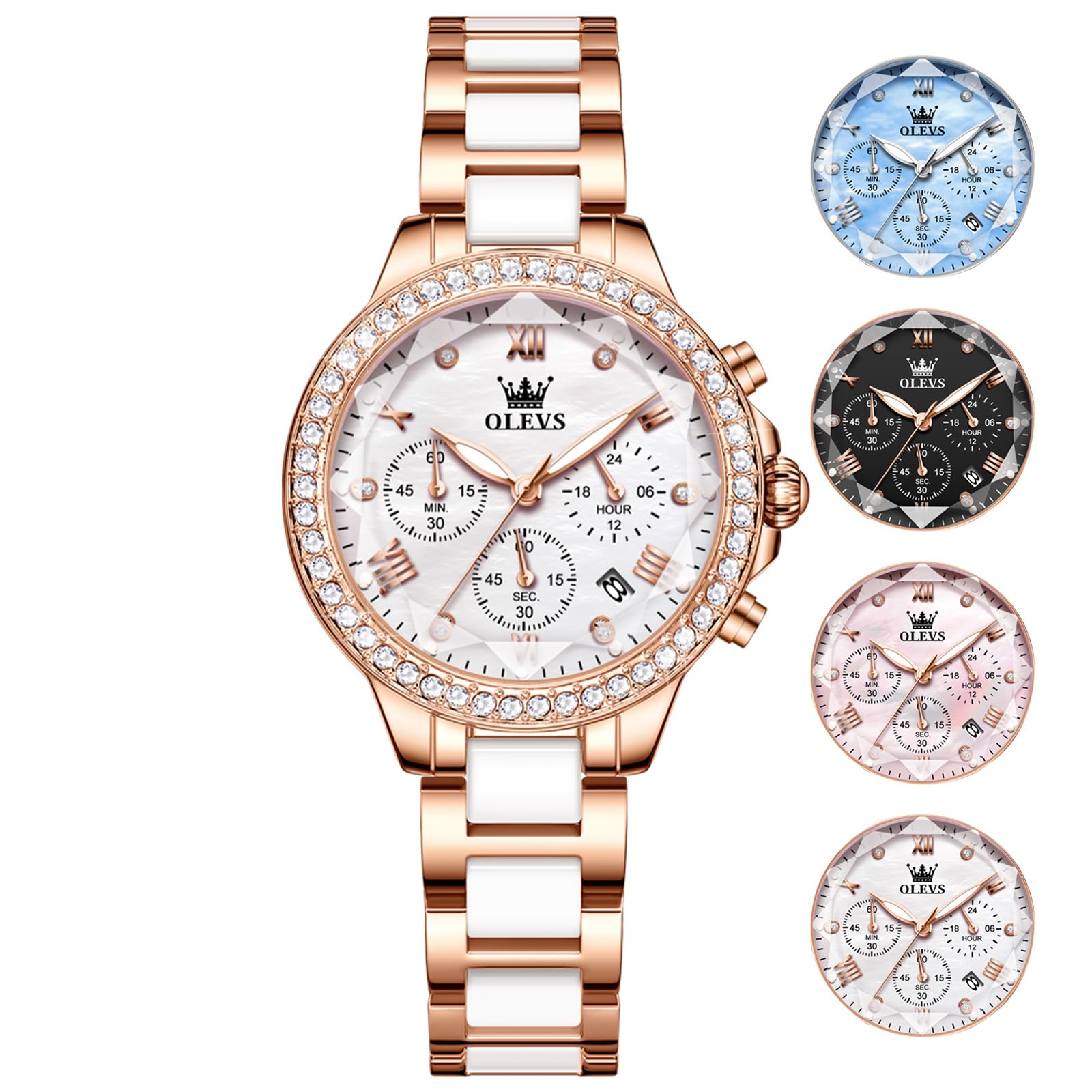 

OLEVS Waterproof Popular Rose Gold Quartz Analogue Stylish Business Watch with Date Pink Gold with White Women s Watch, Watch, Display, Lightweight,