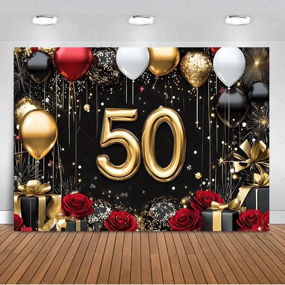 Sfondo per 55° Compleanno Forniture Palloncini Nero Oro 55 Anni Sfondo Decorazione Festa Scintillante Oggetti di Scena per Servizio Fotografico