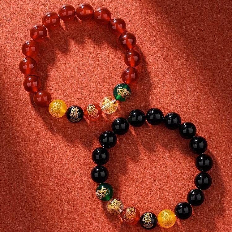 Red Agate Five-Way Fortune God Bracelet, Obsidian Five-Way Fortune God Bracelet, Unisex Couple's Gift