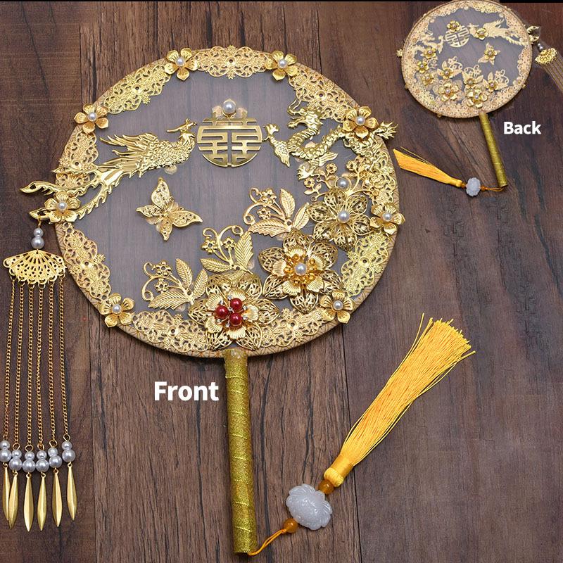 Vintage Chinese Wedding Dress Hanfu Decorative Fans Bridal Round Hand Fans Dragon Phoenix Handmade Gold Red Photography Fan Prop