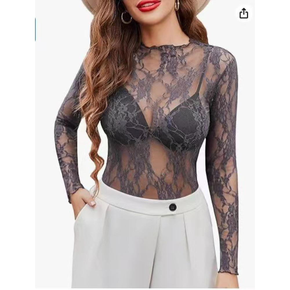 Summer Autumn New Lace Women's Top Long Sleeve Transparent Perspective Top Fashionable Stylish Sexy Versatile Women's Long Sleeve T-shirt