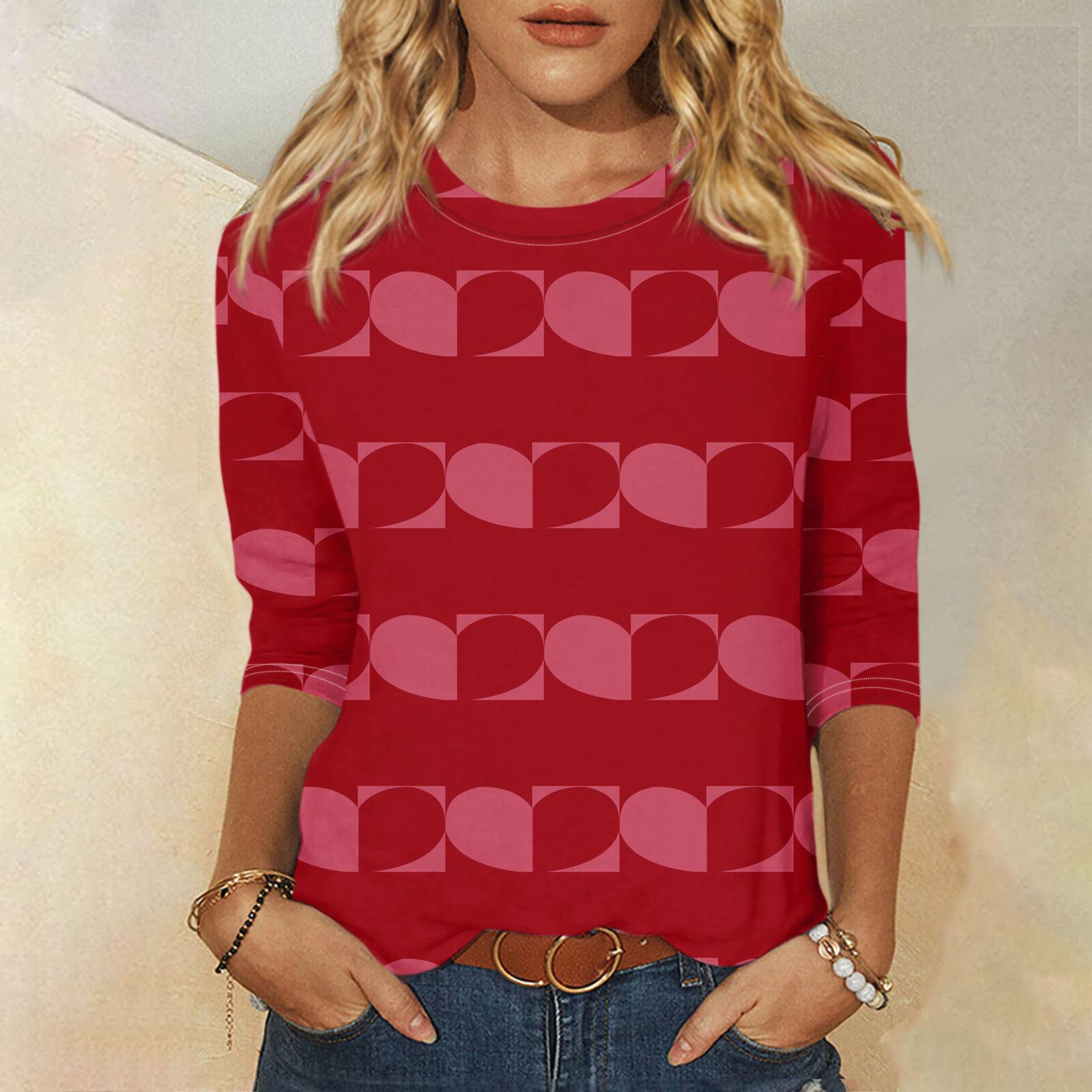 

Women s Fashion Casual Round Neck 3/4 Sleeve Loose Valentine s Day Printed T-Shirt Ladies Top L винний