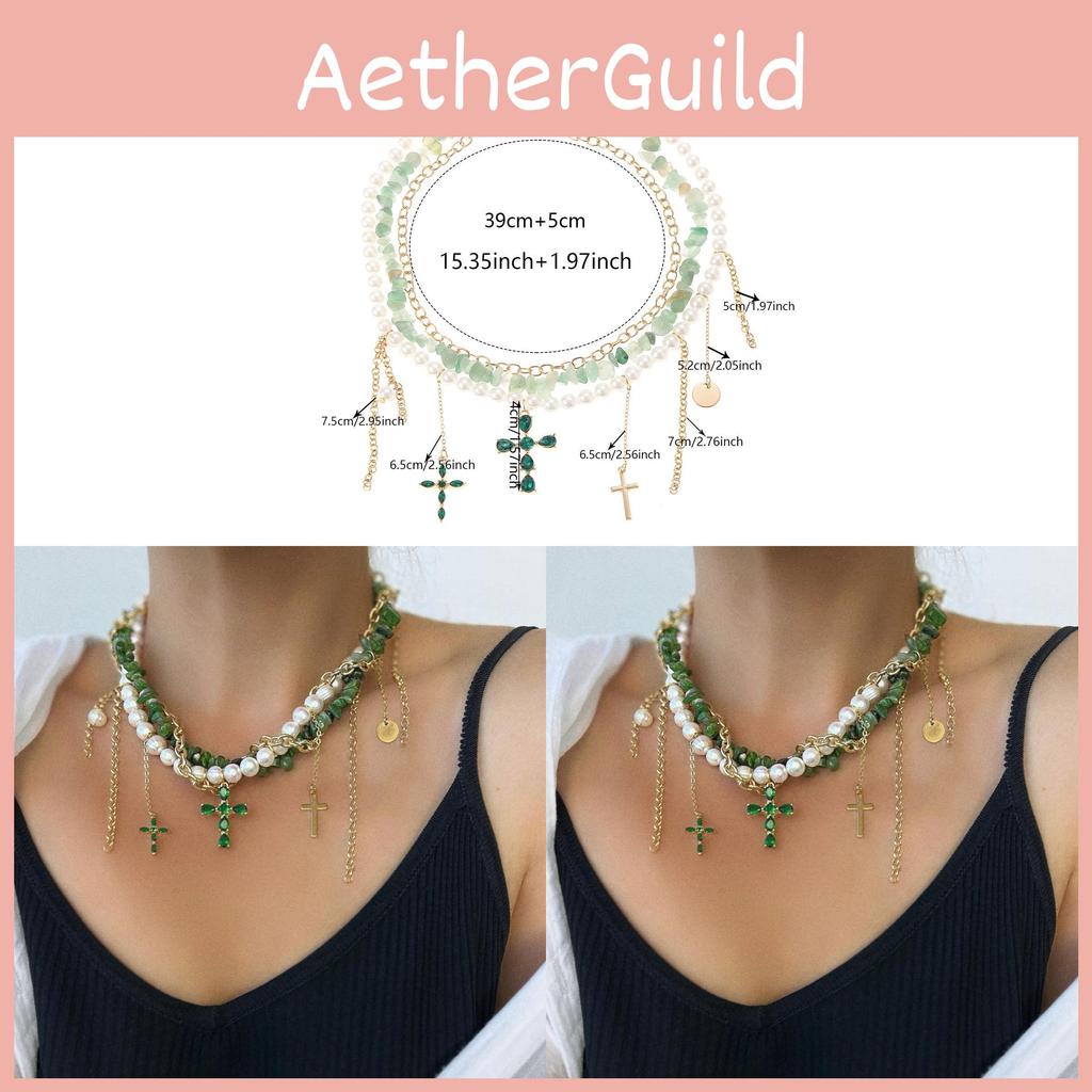 Pearl Necklace For Women Geometric Pendant With Cross Charm Elegant Layered Jewelry