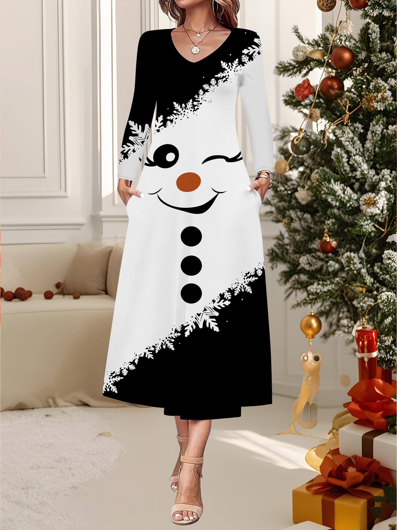 

2025 Осінньо-зимове нове жіноче повсякденне модне плаття з 3D принтом у вигляді сніговика, з довгим рукавом, V-подібним вирізом, А-силуету, різдвяний подарунок XXL чорний