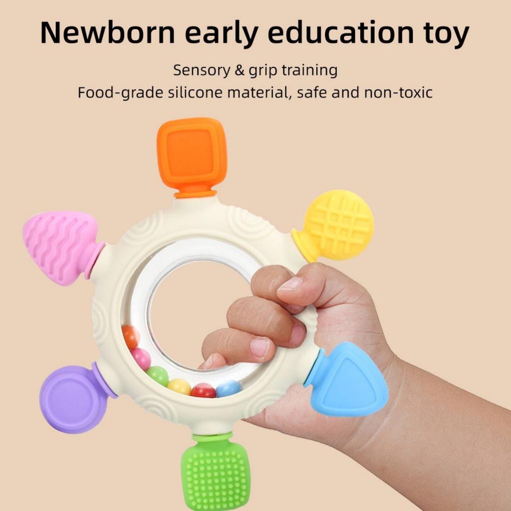 Rattle Teether Silicone Food Grade Baby 2-in-1 Hand Rattle -eating Hand Soothing Six-finger Teether Toy