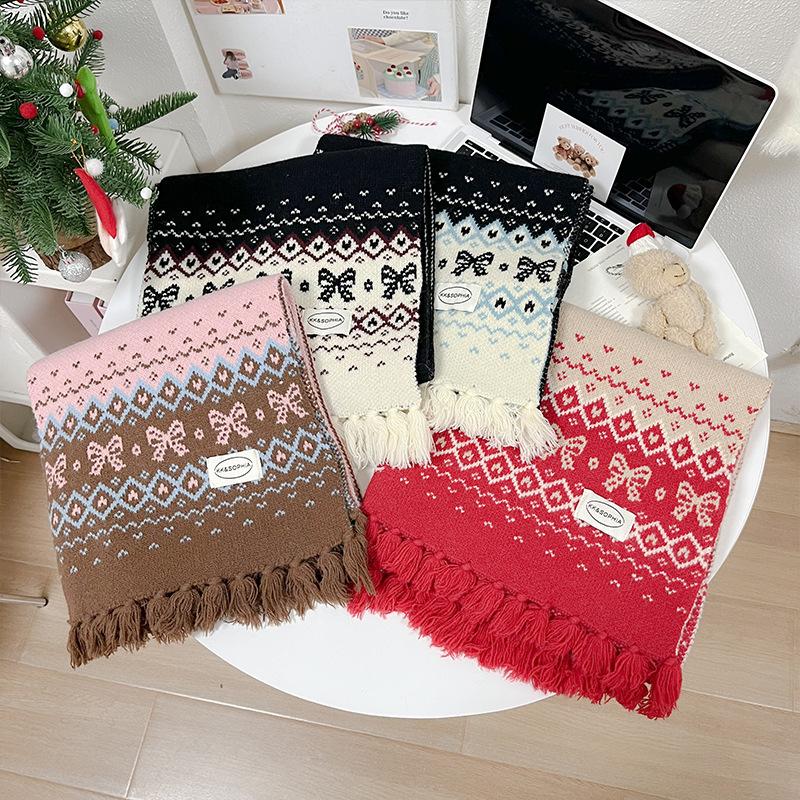 Imitation cashmere red bow scarf women's knitted autumn and winter Korean high-end feeling warm and thickened versatile scarf tide