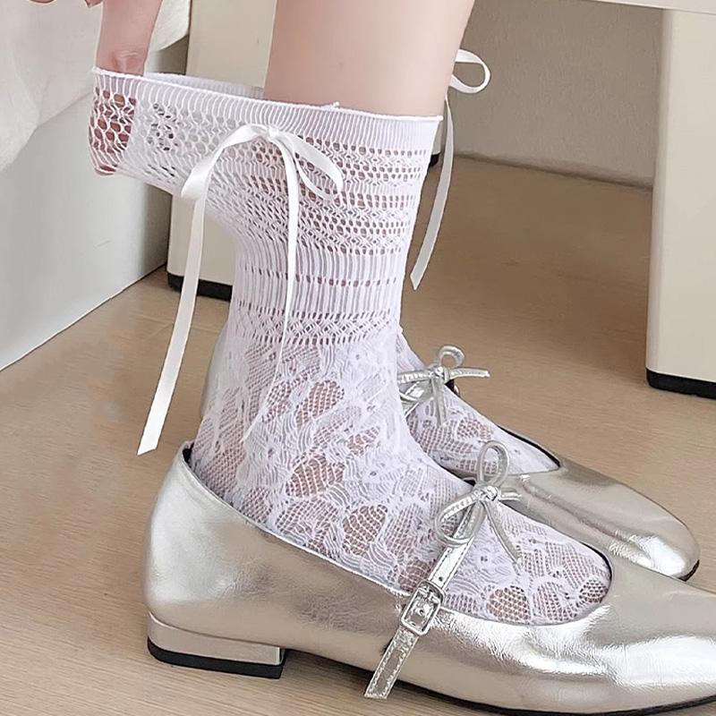 1Pair Korean Sweet Ballet Style Lace Pile Sock Fashion Hollowed Out Retro Flower Bow Socks for Women Spring Thin Cotton Hosiery