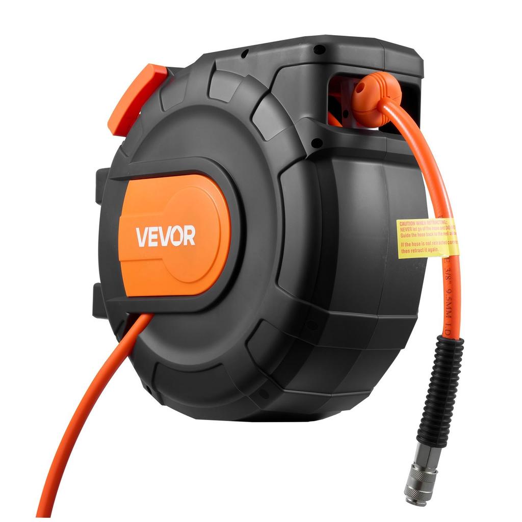 Retractable Air Hose Reel, 15m x 9.5mm PVC Air Hose Max 300PSI, Enclosed Air-Compressor Hoses Reel Auto Rewind with 1m Lead in, 180° Swivel
