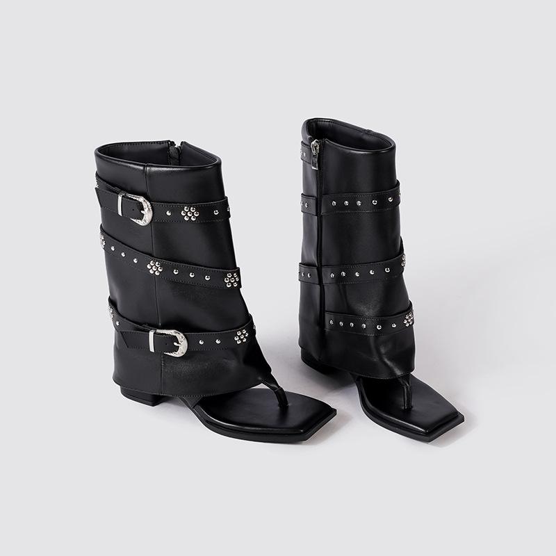 Punk style black rivet toe herringbone cool boots women's shoes summer new retro buckle Spice Girls trouser boots