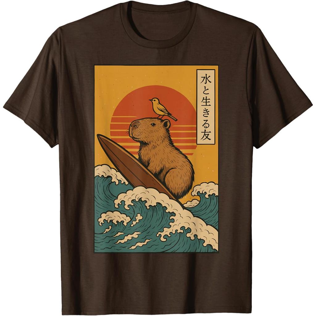 Capybara Surfing Japanese Ukiyo Style Graphic Cotton T-Shirt Casual Unisex's Tee