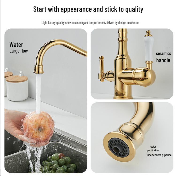 Antique Gold All-Copper 3-in-1 Kitchen Faucet: Hot/Cold Water for Sink & Vegetable Wash Basin, Splash-Proof Design