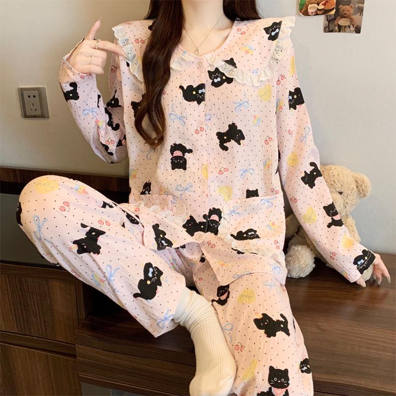 Women's Cartoon Lace Peter Pan Collar Cotton Pajamas - Long Sleeve, Spring/Fall, Winter Style