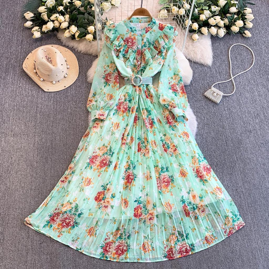Romantic French Chiffon Print Ruffled Dress with Cinched Waist and Pleated Wide Hem