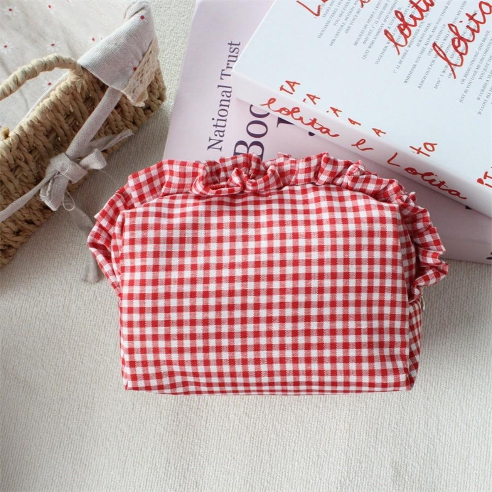 Gingham Plaid Ruffle Edge Makeup Bag Large Capacity Toiletry Bag Plaid Pattern Cosmetic Bag  Travel