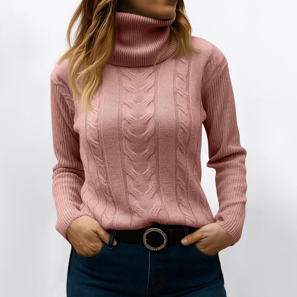 Women's Fashionable Solid Color High Neck Long Sleeved Sweater Pullover Sweater Top