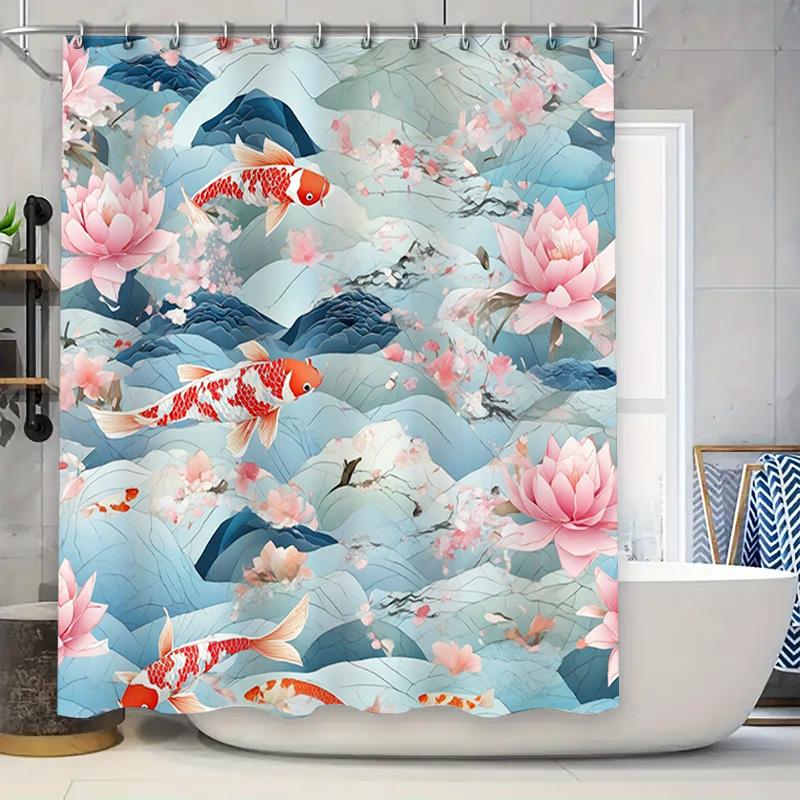 Charming Water Lily Koi Fish Shower Curtain Blue Pink Floral Decor for Bathroom Modern Bath Linen Size 72x84 Inch