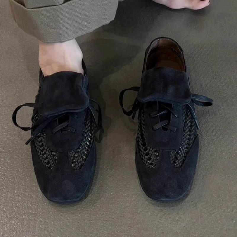 Fashion Women's Soft Sole Soft Sneaker Fall New Round Toe Deep Mouth Suede Open Toe Front Lace-Up Non-Slip Flats