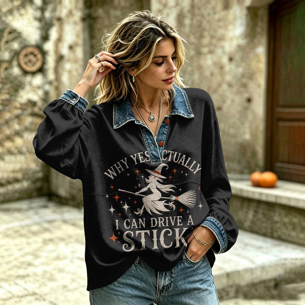 Women's Casual Stylish Long Sleeve Top with Denim Print for Everyday Wear