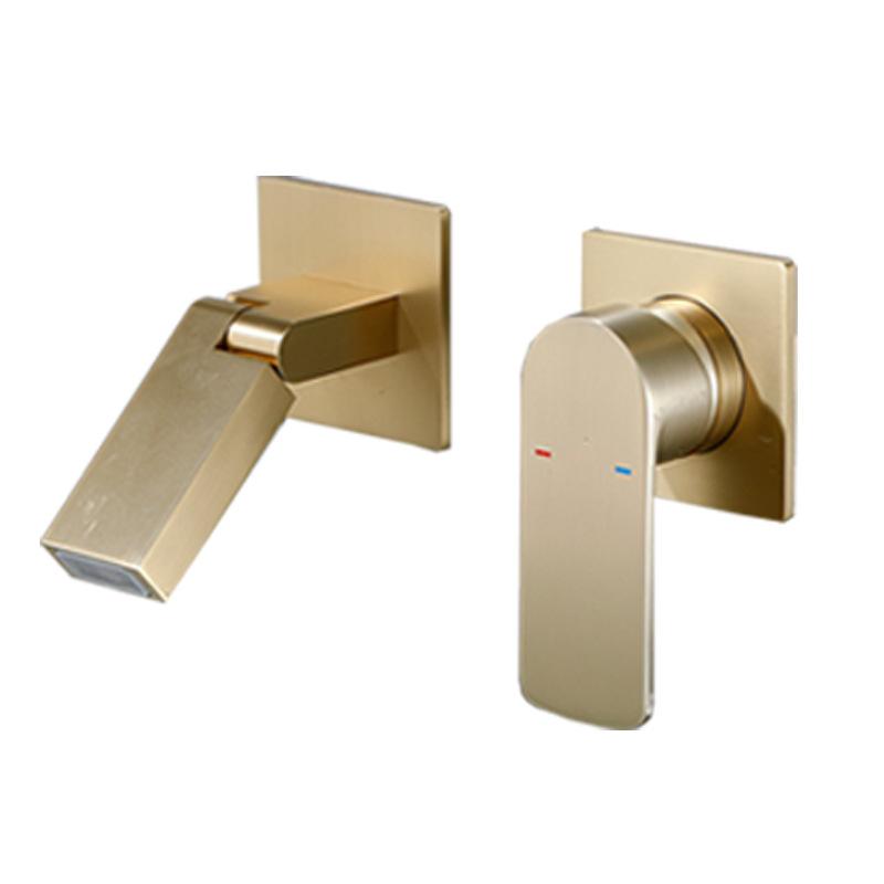 Baterie Lavoar Baie Montată pe Perete Alamă Dublă Comandă Mâner Unic Mixer Robinet Chiuvetă Apă Caldă și Rece Gri/Auriu Periat