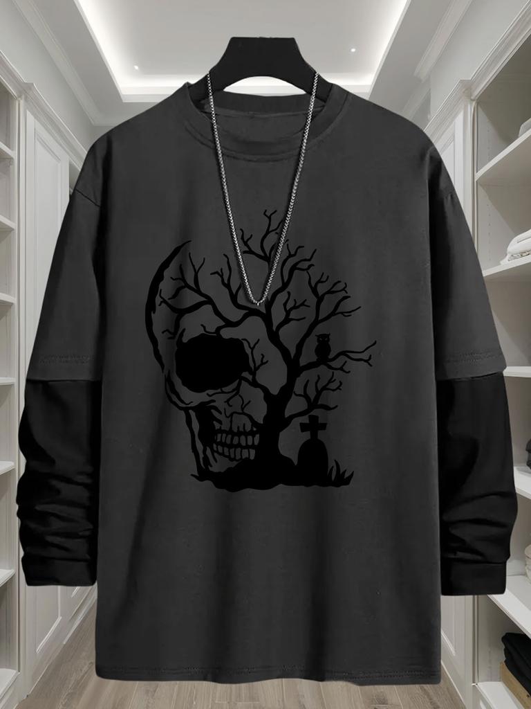 Mens Faux Layered Long Sleeve T Shirt, Casual City Explore Tops, Classic Fit for Wandering Errands Outdoor Stroll Commute Leisure Wear