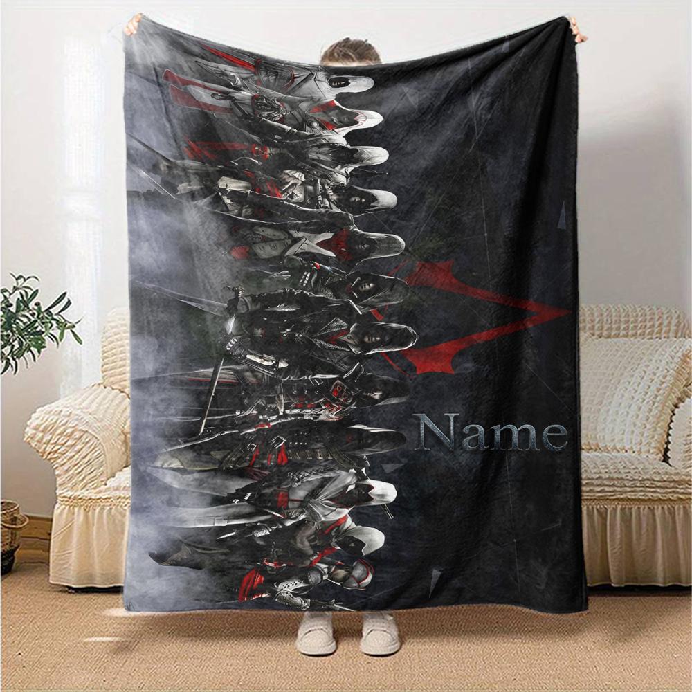 Koc z nadrukiem w stylu Assassin's Creed z imieniem na zamówienie Idealny na kanapę, łóżko, podróże, do użytku na zewnątrz Można prać w pralce Przytulny Trwały