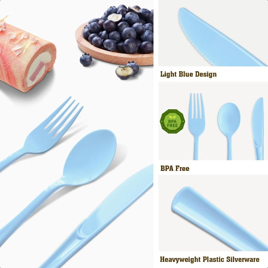 150 Pack Blue Plastic Silverware Light Blue Plastic Utensils Heavy Duty 50 Forks 50 Knives 50 Spoons for Birthday Wedding Baby