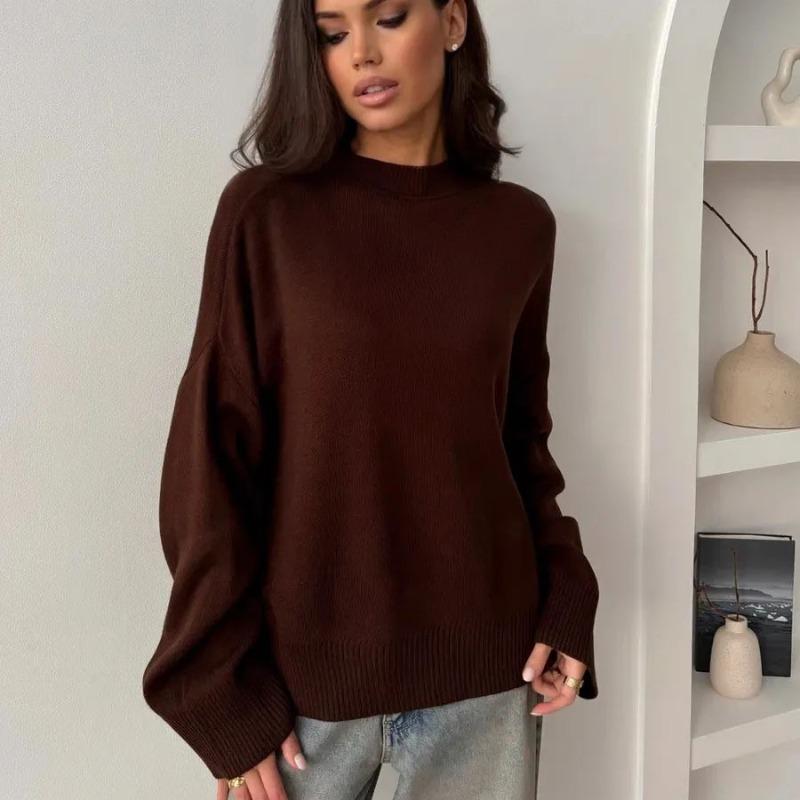 VEZFAA Women's Fashion Casual Fall Winter Solid Color Print Long Sleeve O-Neck Sweaters