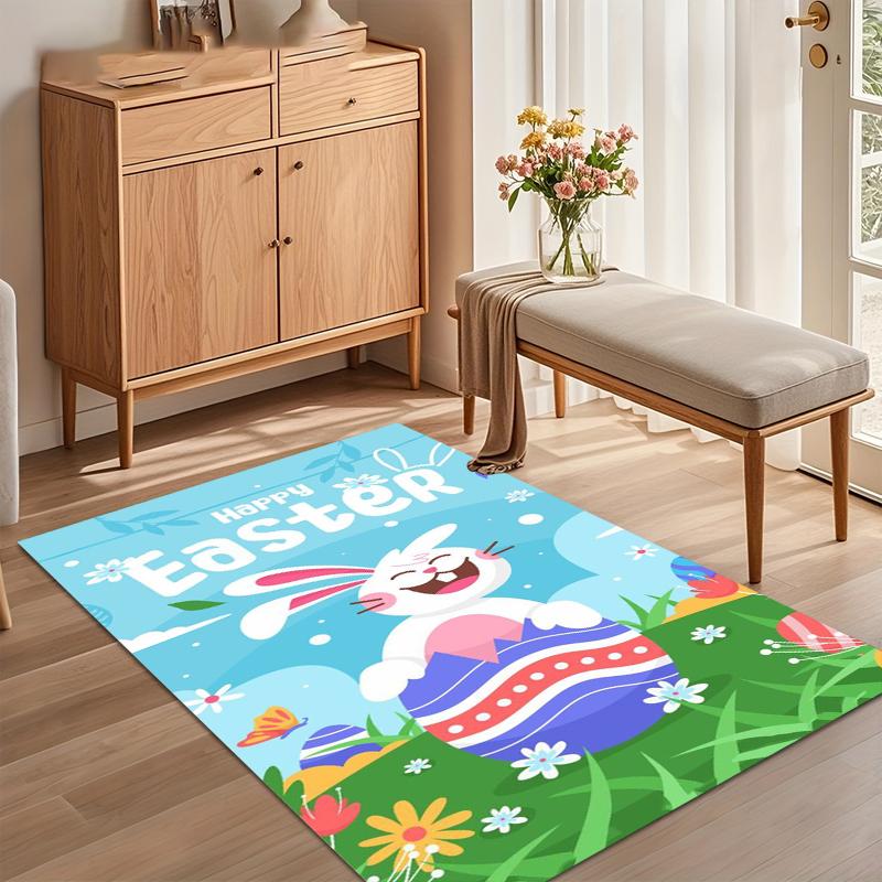Happy Easter Bunny Cartoon Area Rug Non-Slip Floor Mat Decor Carpet for Bedroom Living Room Kids Room Home Festival Decoration