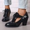 Patent Leather Cutout Chunky Heel Pumps Lace-Up Pointed Toe Dress Shoes Stylish High Heel Shoes for Office Work Fashion Casual