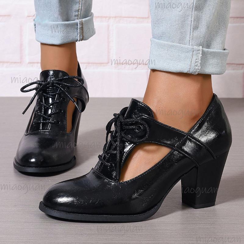 Patent Leather Cutout Chunky Heel Pumps Lace-Up Pointed Toe Dress Shoes Stylish High Heel Shoes for Office Work Fashion Casual