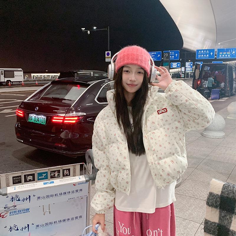 

New down cotton clothes women s winter floral short cotton-padded clothes loose thickened warm versatile jacket L