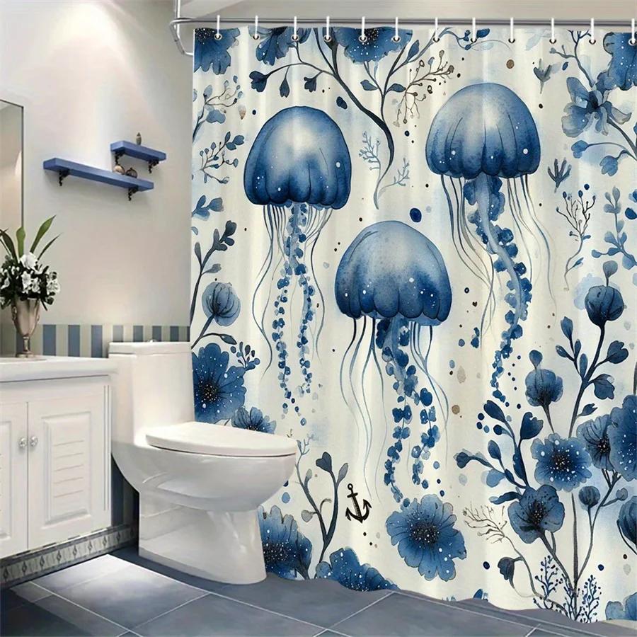 1Pc Blue Jellyfish Shower Curtain - Digital Watercolor Translucent Design With Bell-Shaped Bodies, Trailing Tentacles & Aquatic