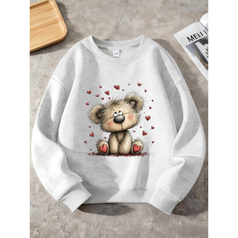 Valentine's Day Heart Bear Cute Print Theme, the Perfect Gift for Kids, Unisex Round Neck Long Sleeve Sweatshirt, Autumn/Winter Daily