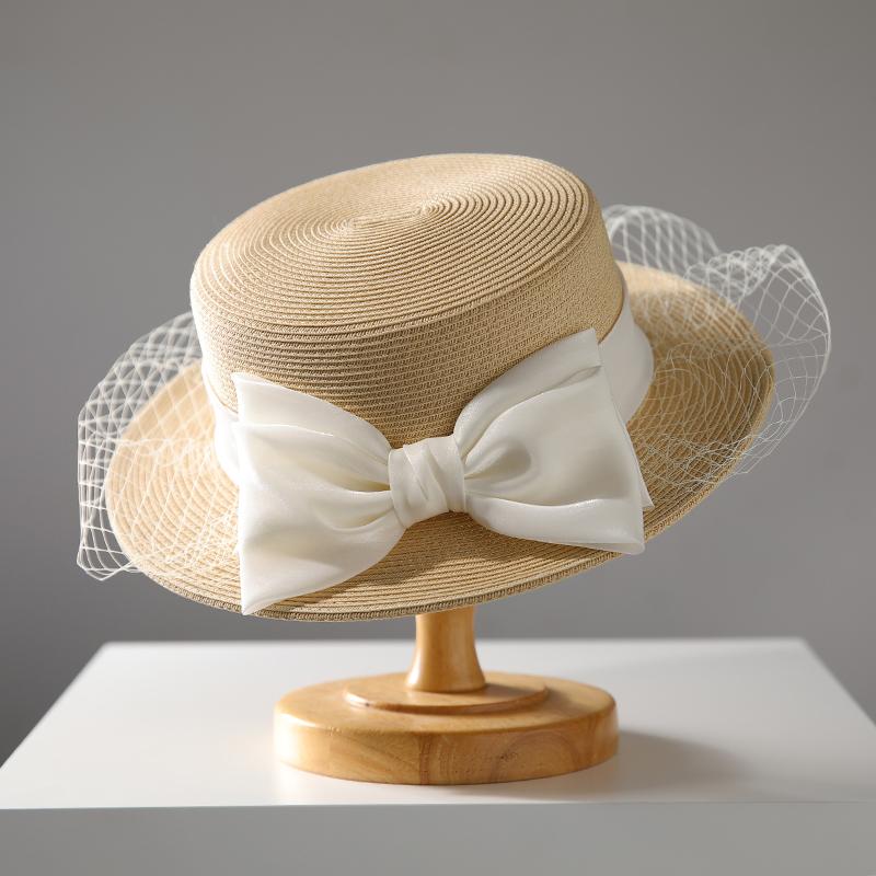 Hepburn Style Mesh Straw Hat For Women, French White Flat Top Sun Cap, Summer New Sun Protection Fedora