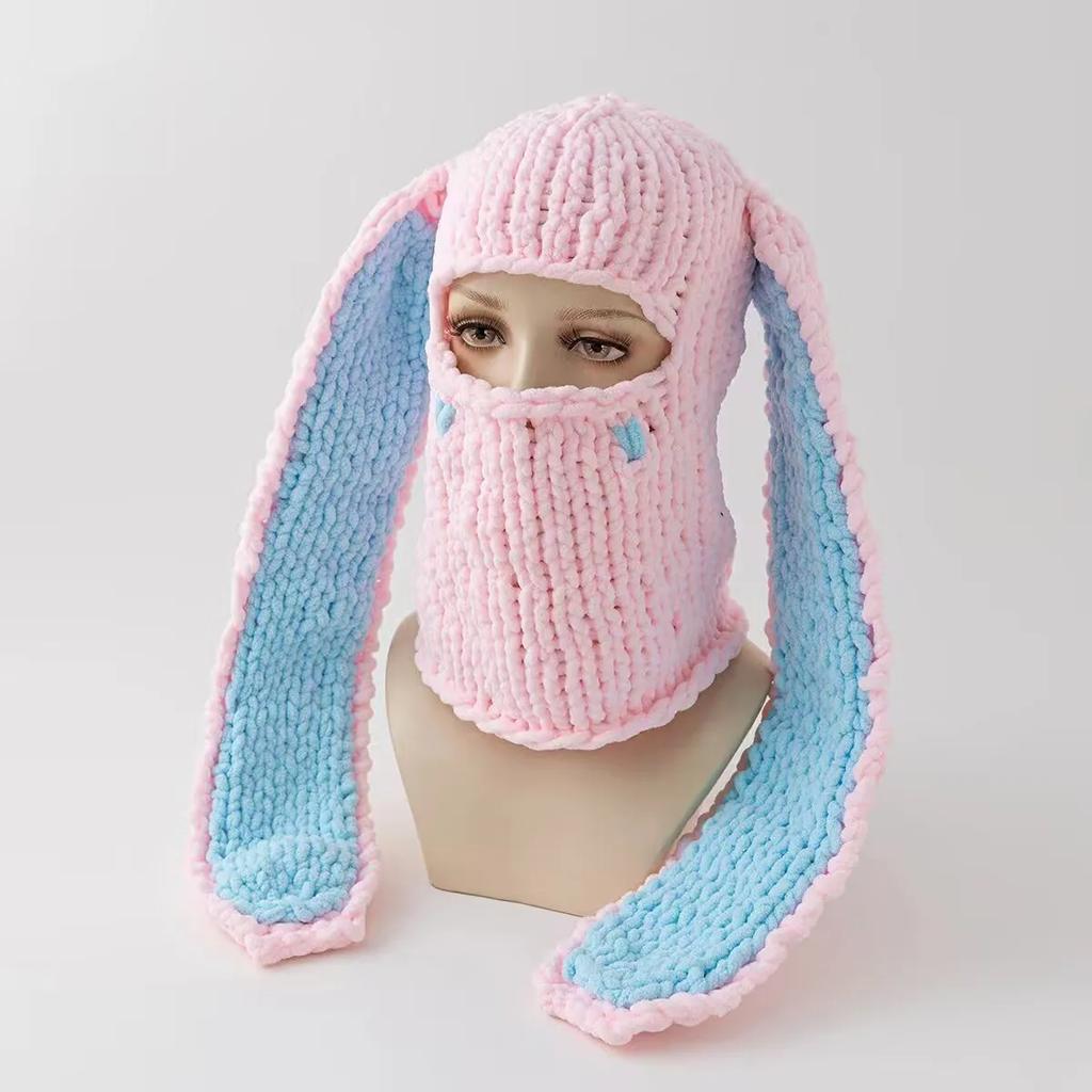 Long Bunny Ears Hat Winter Hand Made Knitted Funny Beanie Cap Thicken Warm Full Face Ski Mask Cover Balaclava For Party