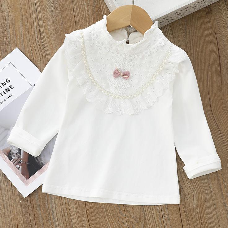 Girls' White Lace Trim T-shirt with Turn-down Collar - Autumn Style