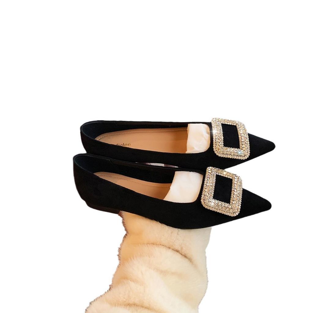 Korean drama heroine~ exquisite flash diamond square buckle temperament pointed head shallow mouth flat shoes low thick heel French celebrity single