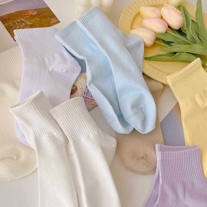 Zhuji Women's Spring-Autumn Macaron Mid-Calf Socks - Cute, Solid Color, Academy Style